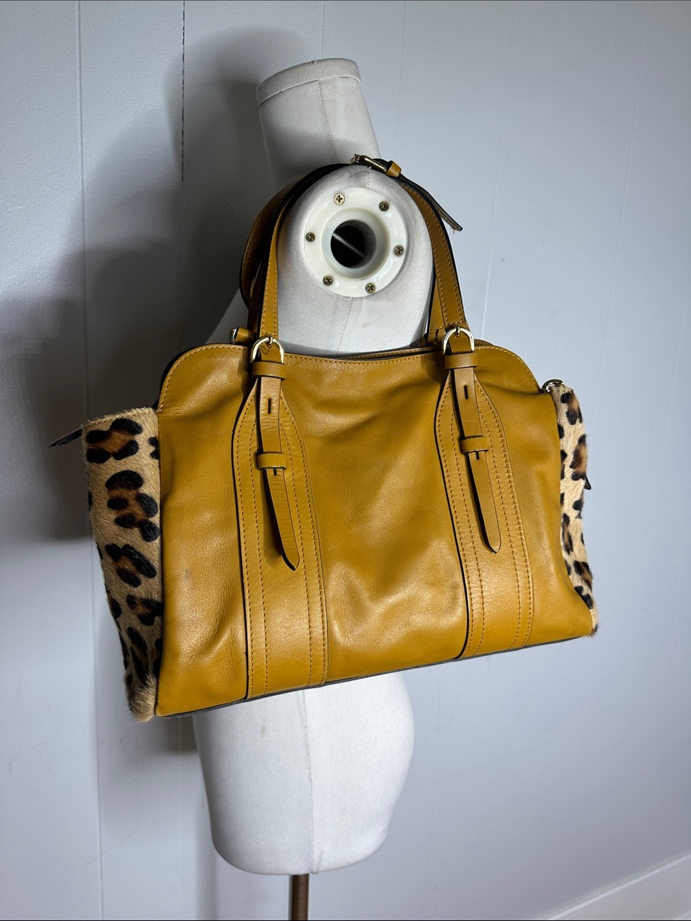 AB Bellucci Italian Satchel Leopard Haircalf Accents Honey Supple Leather